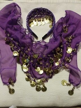 54",Purple Coin Belly Dance Scarf with Headband